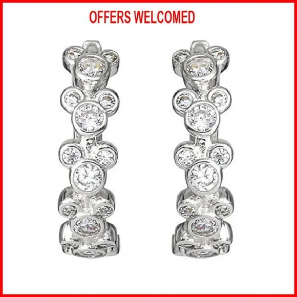 Endless Hoop Earrings with Cubic Zirconia Mickey Pendants, Hinged Closure